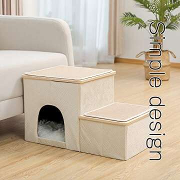 PETEPELA Dog Stair Portable Dog Steps Pet Home Ladder with Storage Box, 2-Step to Couch Beige