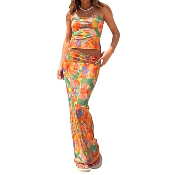 Women's Sexy Two Piece Long Skirt Set Halter Crop Tube Top and Split Maxi Skirt Summer Outfits Y2k C...