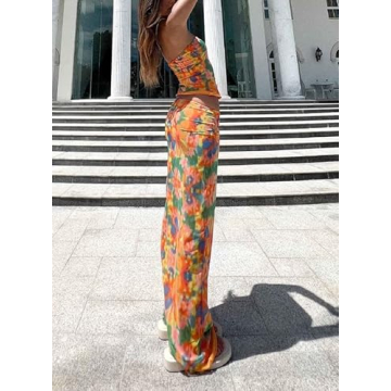 Women's Sexy Two Piece Long Skirt Set Halter Crop Tube Top and Split Maxi Skirt Summer Outfits Y2k Clubwear(Z3- Color,S)