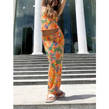 Women's Sexy Two Piece Long Skirt Set Halter Crop Tube Top and Split Maxi Skirt Summer Outfits Y2k Clubwear(Z3- Color,S)