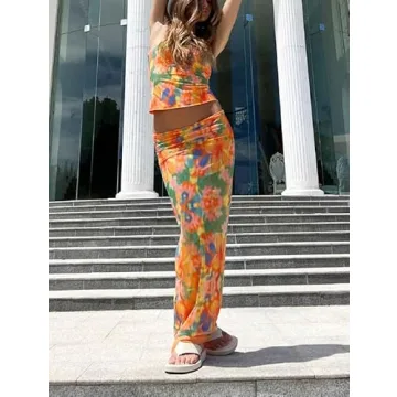 Women's Sexy Two Piece Long Skirt Set Halter Crop Tube Top and Split Maxi Skirt Summer Outfits Y2k Clubwear(Z3- Color,S)