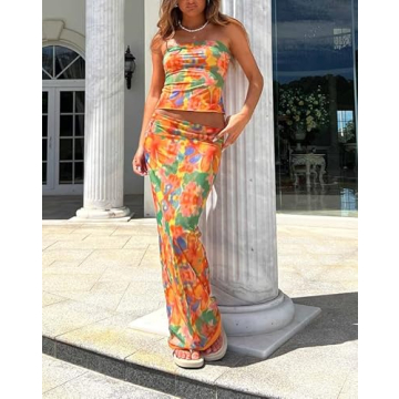 Women's Sexy Two Piece Long Skirt Set Halter Crop Tube Top and Split Maxi Skirt Summer Outfits Y2k Clubwear(Z3- Color,S)