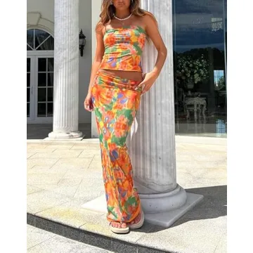 Women's Sexy Two Piece Long Skirt Set Halter Crop Tube Top and Split Maxi Skirt Summer Outfits Y2k Clubwear(Z3- Color,S)