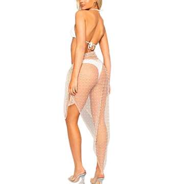 BOLLEY JOSS Women Sexy See Through Pearl Rhinestone Sheer Mesh Cover Up Dress Swimwear Bikini Coverups