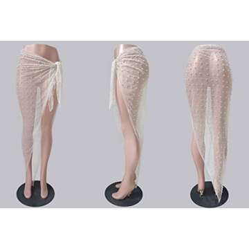 BOLLEY JOSS Women Sexy See Through Pearl Rhinestone Sheer Mesh Cover Up Dress Swimwear Bikini Coverups