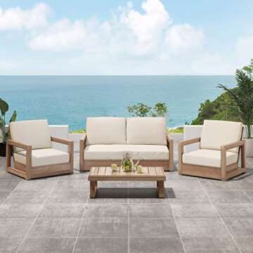 Christopher Knight Home Sammy, Brown and Beige Outdoor 4 Seater Acacia Wood Chat Set with Water Resistant Cushions