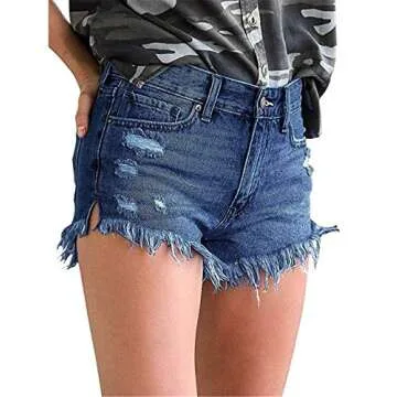 Stylish MODARANI Mid Rise Frayed Denim Shorts - Women's Casual Cut Offs in Blue