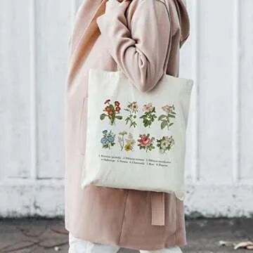 BeeGreen Flowers 12OZ Canvas Tote Bag With Inner Zipper Pocket Cute Aesthetic Mother's Day Cotton Reusable for Women Teacher Lightweight Washable Graphic Trendy