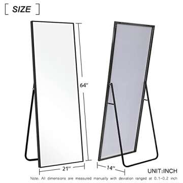 MIRUO Full Length Mirror, 64" x 21" Aluminum Alloy Frame Floor Mirror with Stand, Large Bedroom Mirror, Free Standing or Wall Mounted or Leaning Against Wall, Black