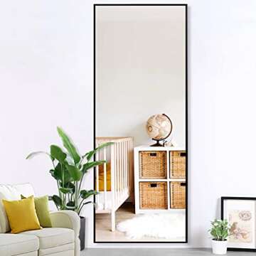 MIRUO Full Length Mirror, 64" x 21" Aluminum Alloy Frame Floor Mirror with Stand, Large Bedroom Mirror, Free Standing or Wall Mounted or Leaning Against Wall, Black