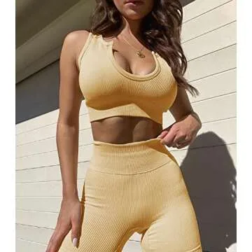 OLCHEE Women's Sexy 2 Piece Workout Outfits - Seamless Ribbed Leggings and V-shape Sports Bra Yoga Activewear Set - Beige Size M