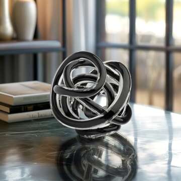 Torre & Tagus Orbit Hand Blown Glass Infinity Knot Sculpture - 4.5 Inch Glass Art Black Knot Decor B...
