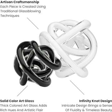 Torre & Tagus Orbit Hand Blown Glass Infinity Knot Sculpture - 4.5 Inch Glass Art Black Knot Decor Ball for Home Decor, Small Centerpiece Table Decoration for Home Interior (Solid Black)