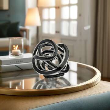 Torre & Tagus Orbit Hand Blown Glass Infinity Knot Sculpture - 4.5 Inch Glass Art Black Knot Decor Ball for Home Decor, Small Centerpiece Table Decoration for Home Interior (Solid Black)