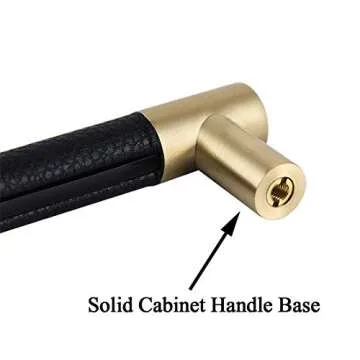 Bar Cabinet Handle Knob Pull Brushed Satin Gold/Brass Finish with Upholstered Black Leather 8.5" (7.5" Hole Center) for Kitchen Cabinet Hardware/Dresser Drawer Handles, 5 Pack