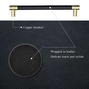 Bar Cabinet Handle Knob Pull Brushed Satin Gold/Brass Finish with Upholstered Black Leather 8.5" (7.5" Hole Center) for Kitchen Cabinet Hardware/Dresser Drawer Handles, 5 Pack