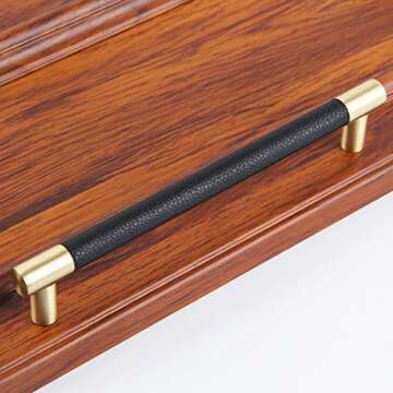 Bar Cabinet Handle Knob Pull Brushed Satin Gold/Brass Finish with Upholstered Black Leather 8.5" (7.5" Hole Center) for Kitchen Cabinet Hardware/Dresser Drawer Handles, 5 Pack
