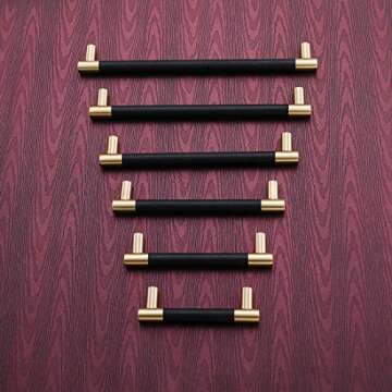 Bar Cabinet Handle Knob Pull Brushed Satin Gold/Brass Finish with Upholstered Black Leather 8.5" (7.5" Hole Center) for Kitchen Cabinet Hardware/Dresser Drawer Handles, 5 Pack