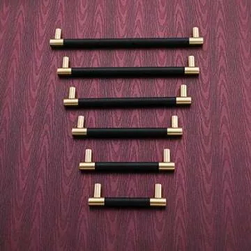 Bar Cabinet Handle Knob Pull Brushed Satin Gold/Brass Finish with Upholstered Black Leather 8.5" (7.5" Hole Center) for Kitchen Cabinet Hardware/Dresser Drawer Handles, 5 Pack