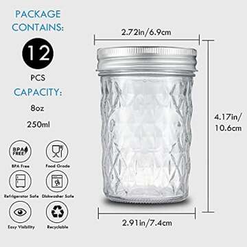 YEBODA 12 Pack 8 oz Mason Jars with Airtight Lids