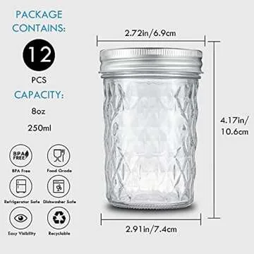 YEBODA 12 Pack 8 oz Mason Jars with Airtight Lids