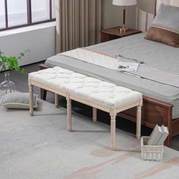 HOMCOM Bedroom End of Bed Bench, 46" Upholstered Entryway Bench with Button Tufted, Thick Padding and Wood Legs, French Vintage Style Linen-Feel Ottoman Bench for Hallway, Living Room, Cream White