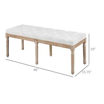 HOMCOM Bedroom End of Bed Bench, 46" Upholstered Entryway Bench with Button Tufted, Thick Padding and Wood Legs, French Vintage Style Linen-Feel Ottoman Bench for Hallway, Living Room, Cream White