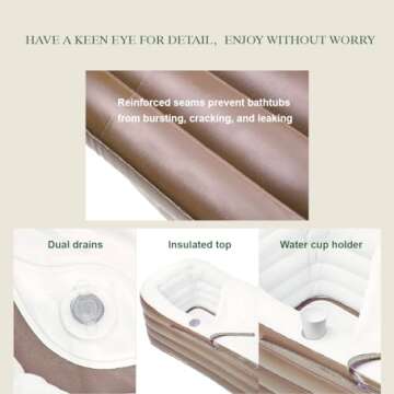 ThermaeStudio® Inflatable portable bath tub for adults with Cordless Dual Function Electric Air Pump Free-Standing Blow Up Bathtub with Foldable Portable Feature(Lightcoffe)