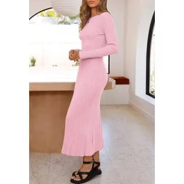 MEROKEETY Women's 2024 Long Sleeve Bodycon Sweater Dress Fall Crew Neck Ribbed Knit Maxi Dresses, LightPink, L