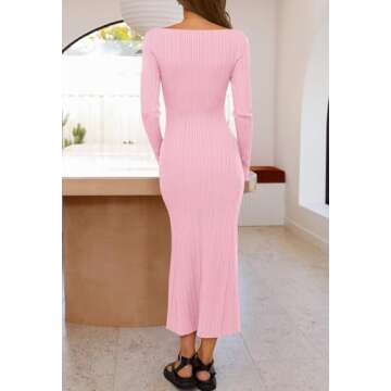 MEROKEETY Women's 2024 Long Sleeve Bodycon Sweater Dress Fall Crew Neck Ribbed Knit Maxi Dresses, LightPink, L