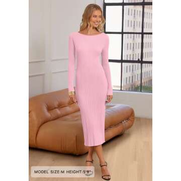 MEROKEETY Women's 2024 Long Sleeve Bodycon Sweater Dress Fall Crew Neck Ribbed Knit Maxi Dresses, LightPink, L