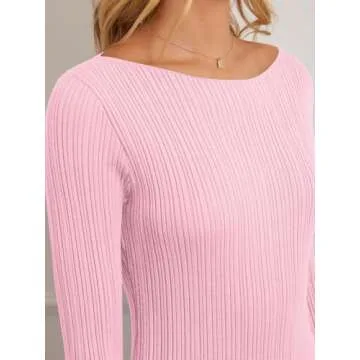 MEROKEETY Women's 2024 Long Sleeve Bodycon Sweater Dress Fall Crew Neck Ribbed Knit Maxi Dresses, LightPink, L