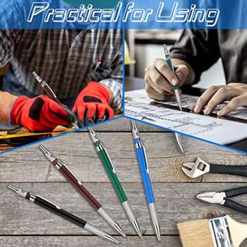 Nezyo 4 Pieces Welder Pencil with 60 Pieces Round Refills Mechanical Pencil Metal Marker Pen for Construction Workers, Metal Work, Welders, Plumbers, Framers (Black, Red, Yellow, Silver)