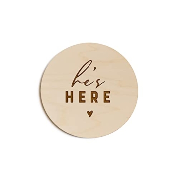 The Cotton & Canvas Co. He’s Here Newborn Baby Announcement Wooden Disc for Nursery Decor