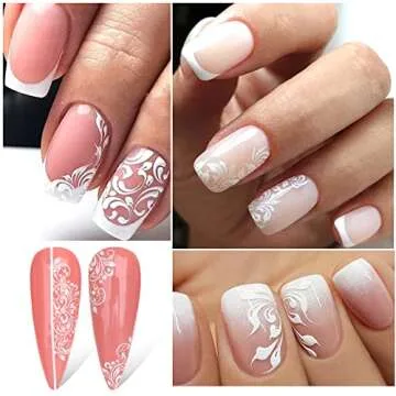 Lace Flowers Nail Stickers, Valentine Wedding Nail Decals White Flowers Nail Art Supply 3D Self-Adhesive Nail Wrap Retro Vine Floral Pattern Design Curved Stripe Lines Nail Decorations for Women Girls