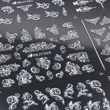 Lace Flowers Nail Stickers, Valentine Wedding Nail Decals White Flowers Nail Art Supply 3D Self-Adhesive Nail Wrap Retro Vine Floral Pattern Design Curved Stripe Lines Nail Decorations for Women Girls