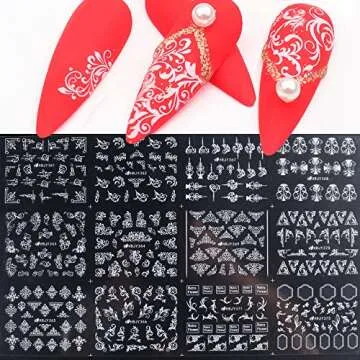 Lace Flowers Nail Stickers, Valentine Wedding Nail Decals White Flowers Nail Art Supply 3D Self-Adhesive Nail Wrap Retro Vine Floral Pattern Design Curved Stripe Lines Nail Decorations for Women Girls