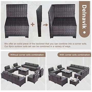 Delnavik Patio Furniture Sectional Sofa Set 13-Pieces PE Rattan Patio Conversation Set w/43in Gas Fire Pit Table, Outdoor Furniture with 55000 BTU Propane Fire Pit, Grey