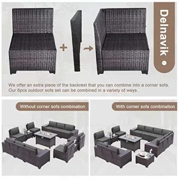 Delnavik Patio Furniture Sectional Sofa Set 13-Pieces PE Rattan Patio Conversation Set w/43in Gas Fire Pit Table, Outdoor Furniture with 55000 BTU Propane Fire Pit, Grey
