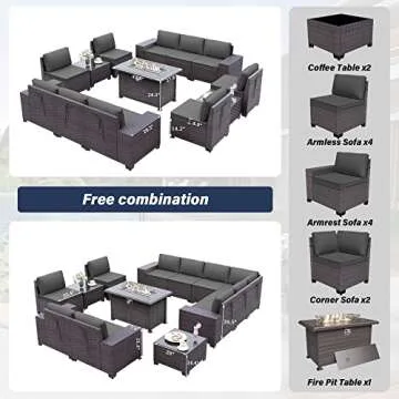 Delnavik Patio Furniture Sectional Sofa Set 13-Pieces PE Rattan Patio Conversation Set w/43in Gas Fire Pit Table, Outdoor Furniture with 55000 BTU Propane Fire Pit, Grey