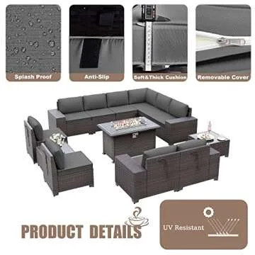 Delnavik Patio Furniture Sectional Sofa Set 13-Pieces PE Rattan Patio Conversation Set w/43in Gas Fire Pit Table, Outdoor Furniture with 55000 BTU Propane Fire Pit, Grey