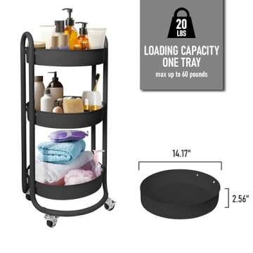 HOMESTEAD Premium 3-Tier Round Rolling Cart - Heavy Duty Metal Utility Cart with Round Trays for Sma...