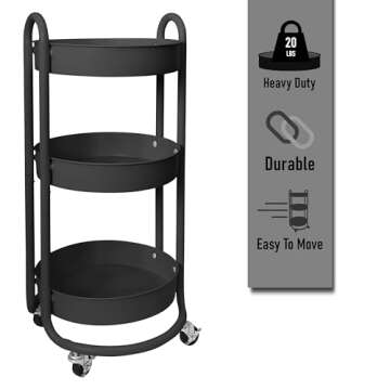 HOMESTEAD Premium 3-Tier Round Rolling Cart - Heavy Duty Metal Utility Cart with Round Trays for Small Space Bedside Craft Storage, Office Organization, Black