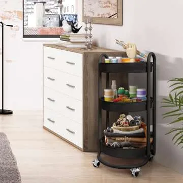 HOMESTEAD Premium 3-Tier Round Rolling Cart - Heavy Duty Metal Utility Cart with Round Trays for Small Space Bedside Craft Storage, Office Organization, Black