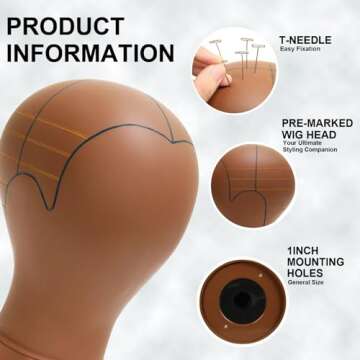 NouveauGenra Wig Head Mannequin with Marking Lines,Compatible with Wig Stand, Sturdy for 10 Years,Easy for Wig Making,Human Head Shape,21 Inch Brown.