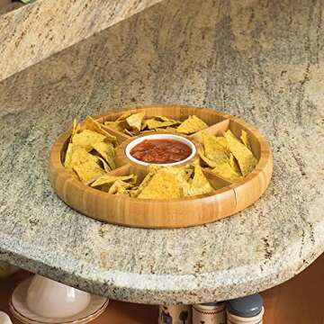 Bamboo Charcuterie Board/Cheese Board Chip and Dip Divided Bowl/Serving Platter with Ceramic Center ...