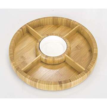 Bamboo Charcuterie Board/Cheese Board Chip and Dip Divided Bowl/Serving Platter with Ceramic Center Bowl/Dip Cup
