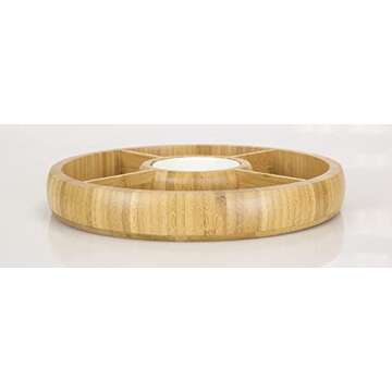 Bamboo Charcuterie Board/Cheese Board Chip and Dip Divided Bowl/Serving Platter with Ceramic Center Bowl/Dip Cup