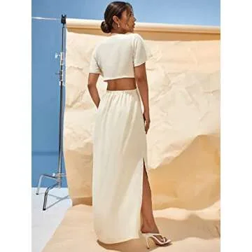 COZYEASE Women's Short Sleeve Maxi Dress Tie Front Split Hem A Line Dress Summer Casual Beige M