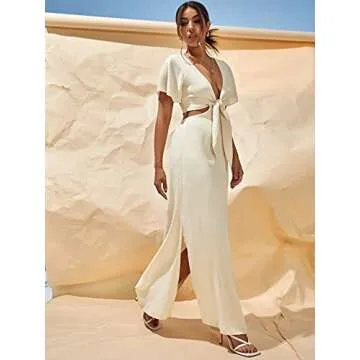 COZYEASE Women's Short Sleeve Maxi Dress Tie Front Split Hem A Line Dress Summer Casual Beige M